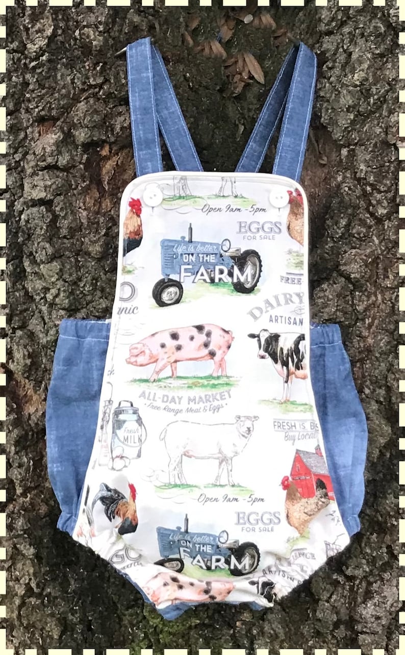 Baby Boy Romper Toddler Romper Outfit Vintage Romper Baby Romper Sun Suit Birthday Smash Cake Dairy Farm Tractor Rooster Barn Country