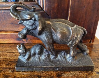 Antique Bronze Elephant Statue: Mother & Baby Sculpture, 1930s