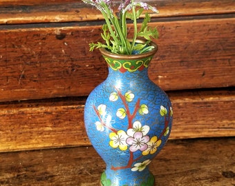 Vintage Chinese Cloisonné Vase~Small Colorful Enamel Vase, Cherry Blossoms~Decorative Oriental Floral Vase~Blue Enamel base~JewelsandMetals