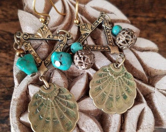 Turquoise Dangle Earrings~Blue Turquoise & Brass Boho Chic Earrings~Vintage Earrings Handmade Earrings~JewelsandMetals.