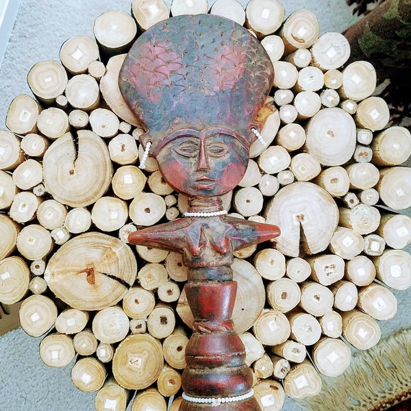 African Fertility Statue~Vintage Ashanti Fertility Doll~Female Figure Hand Carved Primitive Wood W. Africa~Tribal Sculpture~JewelsandMetals