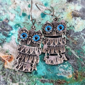 Sterling Owl Earrings with Glass Eyes~Vintage Handmade Earrings~Bird Earrings