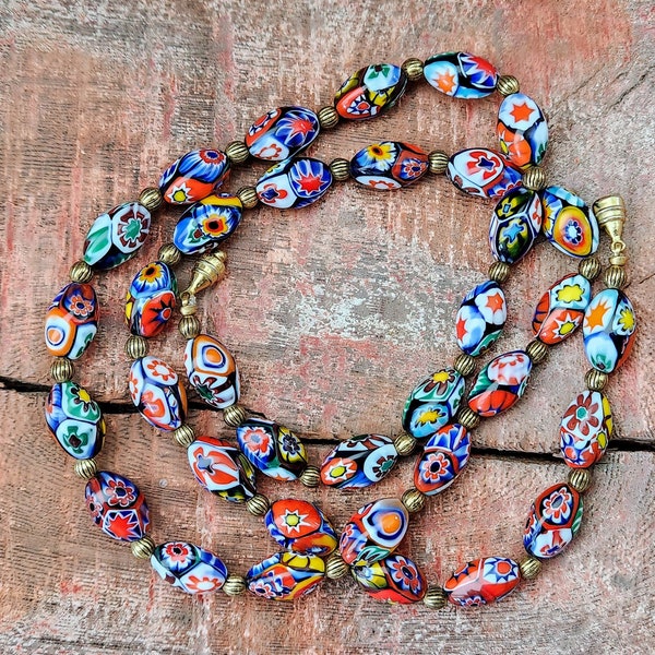 Vintage 23" Murano Glass Necklace~Colorful Venetian Glass Beads & Brass