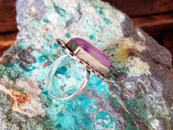 Vintage Purple Agate Statement Ring: Silver Plate… - image 4