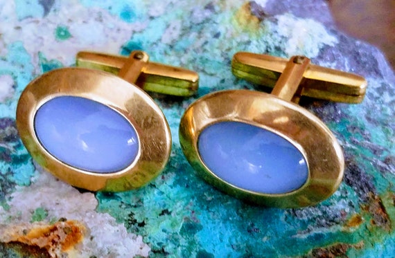 Mid-Century Cufflinks~Brass with Light Blue Glass… - image 1