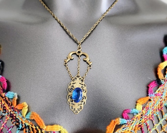 Brass Filigree & Blue Glass Necklace~Lariat Necklace