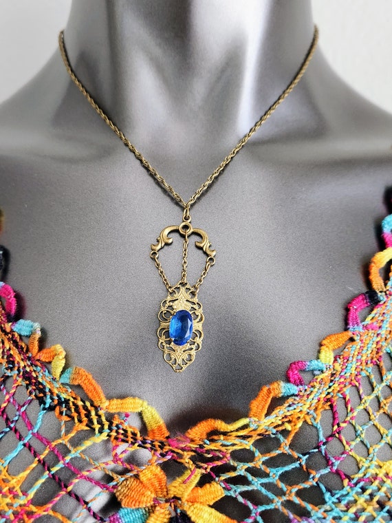 Brass Filigree & Blue Glass Necklace~Lariat Neckl… - image 1