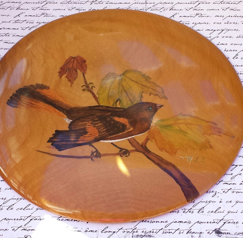 Myrtlewood Bird PlaqueArtist Signed Hand Painted Bird on a LimbVintage Wall Hanging OregonExotic WoodBird Lover GiftJewelsandMetals image 2