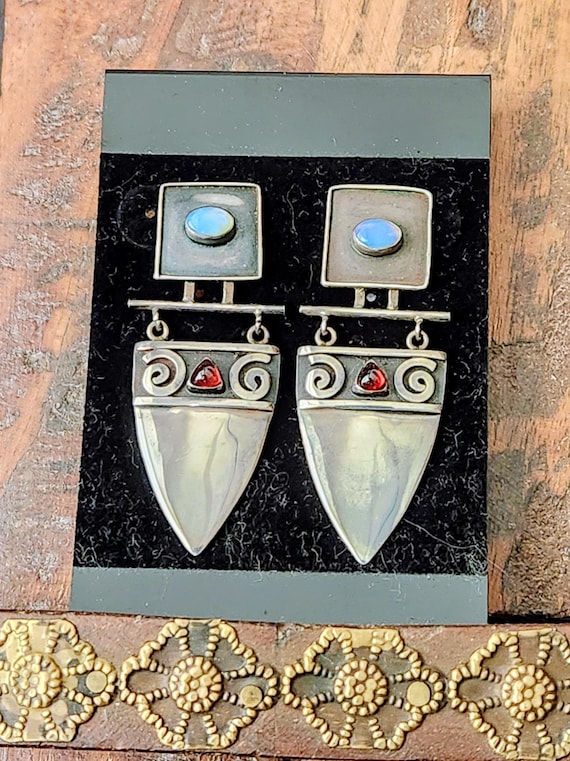 Sterling & Gemstone Pushbacks~Blue Opal Red Garne… - image 1