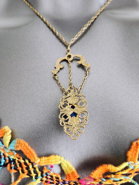 Brass Filigree & Blue Glass Necklace~Lariat Neckl… - image 8