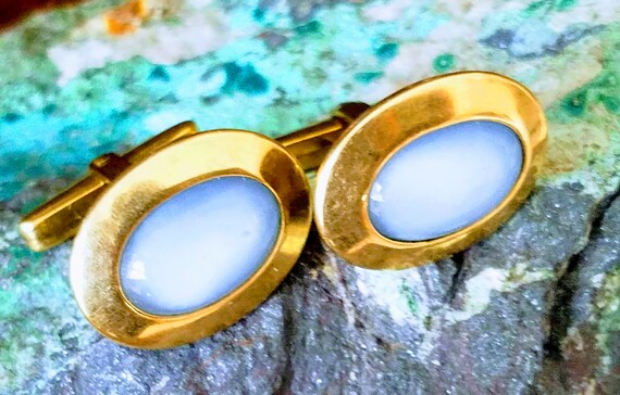 Mid-Century Cufflinks~Brass with Light Blue Glass… - image 5