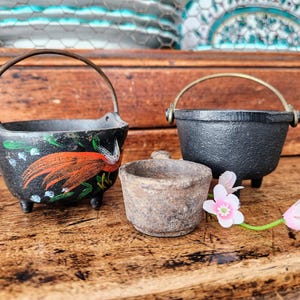 May include: Three miniature cast iron pots with metal handles sit on a wooden surface. One is black with a painted bird design, another is plain black, and the third is a small, rough-textured pot. Pink flowers add a touch of color.
