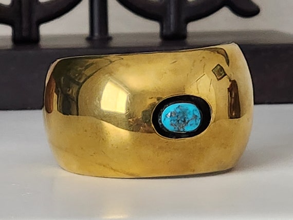 Vintage Shadowbox Cuff~Brass & Blue Turquoise Sta… - image 3