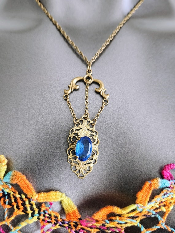 Brass Filigree & Blue Glass Necklace~Lariat Neckl… - image 9