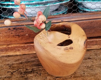 Turned Wooden Vase~Small Hand Carved Wood Vintage Vase~Container for Dried Flowers~JewelsandMetal