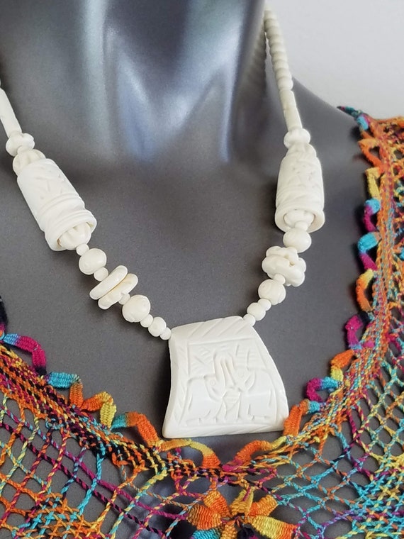 African Beaded Necklace in Bone~Hand Carved Bone … - image 9