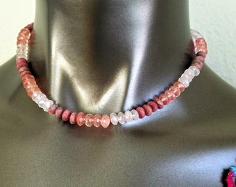 Pink Quartz Beaded Necklace~17" Graduated Color Gemstone Necklace Rose/Cherry Quartz Choker Faceted Rondelles~JewelsandMetals