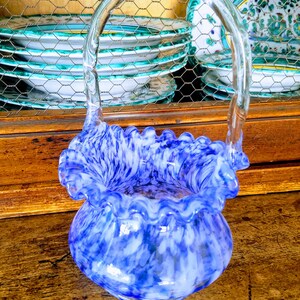 Blue Glass Vase with HandleBlue & White Flower Vase, Candy DishVintage Basket-style VaseSucculent PlanterJewelsandMetals image 3