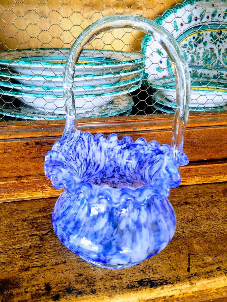 Blue Glass Vase with HandleBlue & White Flower Vase, Candy DishVintage Basket-style VaseSucculent PlanterJewelsandMetals image 3