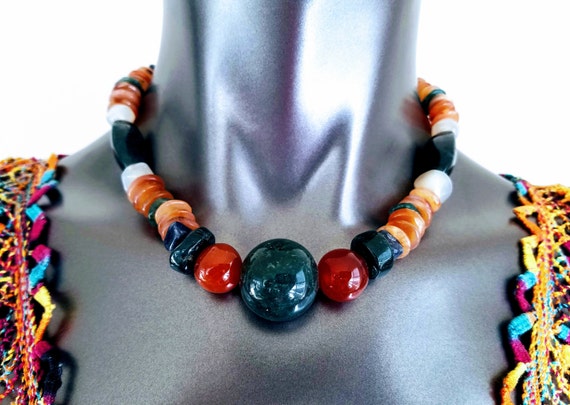 Up Cycled Vintage Black Bead Agate Gemstone Silver Tone Metal Necklace
