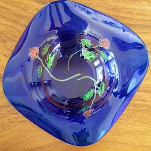 Blue Art Glass Bowl~Cobalt Blue  Glass Red Roses~Lg Vintage Glass Bowl Collectible Glass Table Centerpiece~Living Room Decor~JewelsandMetals
