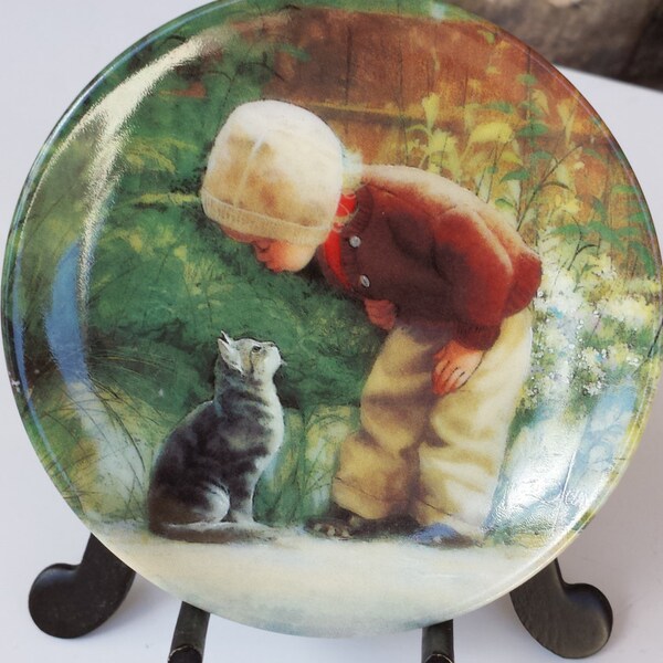 Here KITTY Collector Mini Plate ~ Girl Cat "Little Friends" Miniature Plate by Childrens' Painter, Donald Zolan 1994, Pemberton & Oakes