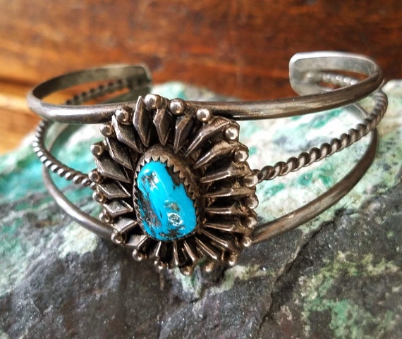 Incredible Vintage Native American Navajo Turquoise Sterling Silver Bracelet Old Incredible Vintage Native American Navajo Turquoise Sterling Silver Bracelet Old