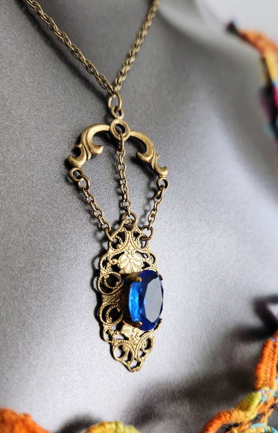 Brass Filigree & Blue Glass Necklace~Lariat Neckl… - image 2