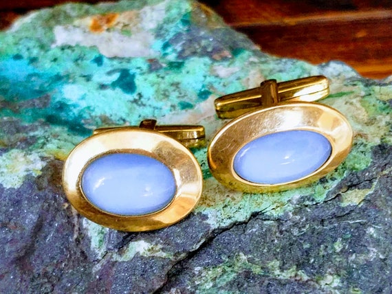 Mid-Century Cufflinks~Brass with Light Blue Glass… - image 6
