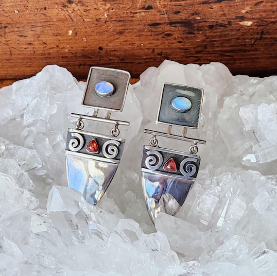 Sterling & Gemstone Pushbacks~Blue Opal Red Garne… - image 2