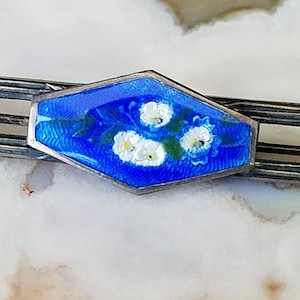 Antique Sterling Silver Enamel Bar Pin: Victorian Floral Brooch