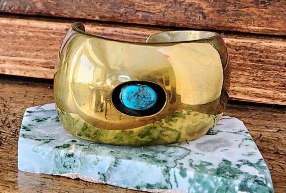 Vintage Shadowbox Cuff~Brass & Blue Turquoise Sta… - image 1