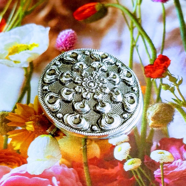 Vintage Dress Clip West Germany~Mid-Century Scarf Clip~Round Silver Adornment~Vintage Floral Brooch~1950s Jewelry~JewelsandMetals