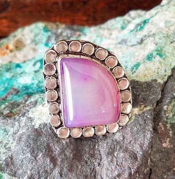 Vintage Purple Agate Statement Ring: Silver Plate… - image 1