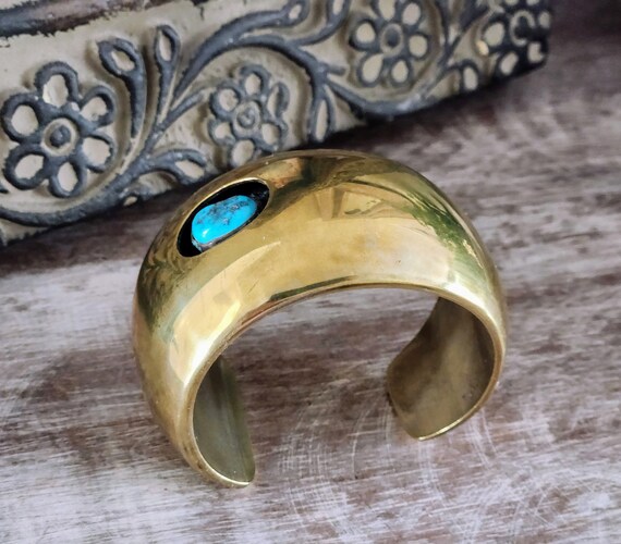 Vintage Shadowbox Cuff~Brass & Blue Turquoise Sta… - image 6