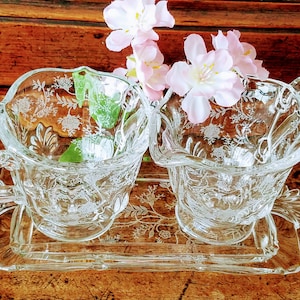 Mid-Century Glass Sugar & Creamer Set~Vintage 50&#39;s Art Glass Cream/Sugar Bowl with Glass Tray~JewelsandMetals