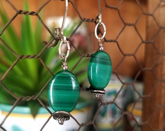 Sterling Silver Malachite Dangle Earrings: Beaded Gemstone Jewelry