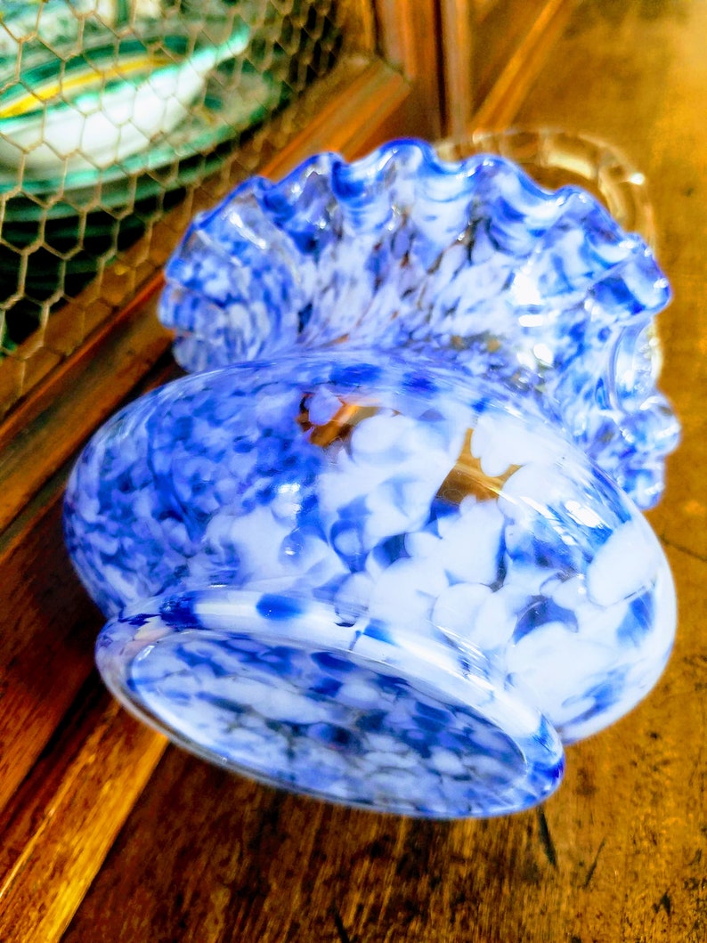 Blue Glass Vase with HandleBlue & White Flower Vase, Candy DishVintage Basket-style VaseSucculent PlanterJewelsandMetals image 5