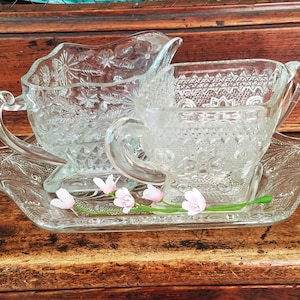 Mid-Century Glass Sugar & Creamer Set Flowers Scrolls~Vintage 1950&#39;s Pressed Glass Cream/Sugar Bowl with Glass Tray~JewelsandMetals