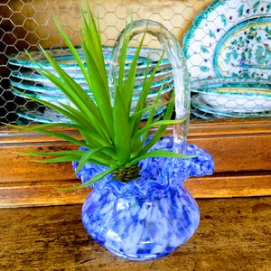 Blue Glass Vase with HandleBlue & White Flower Vase, Candy DishVintage Basket-style VaseSucculent PlanterJewelsandMetals image 2