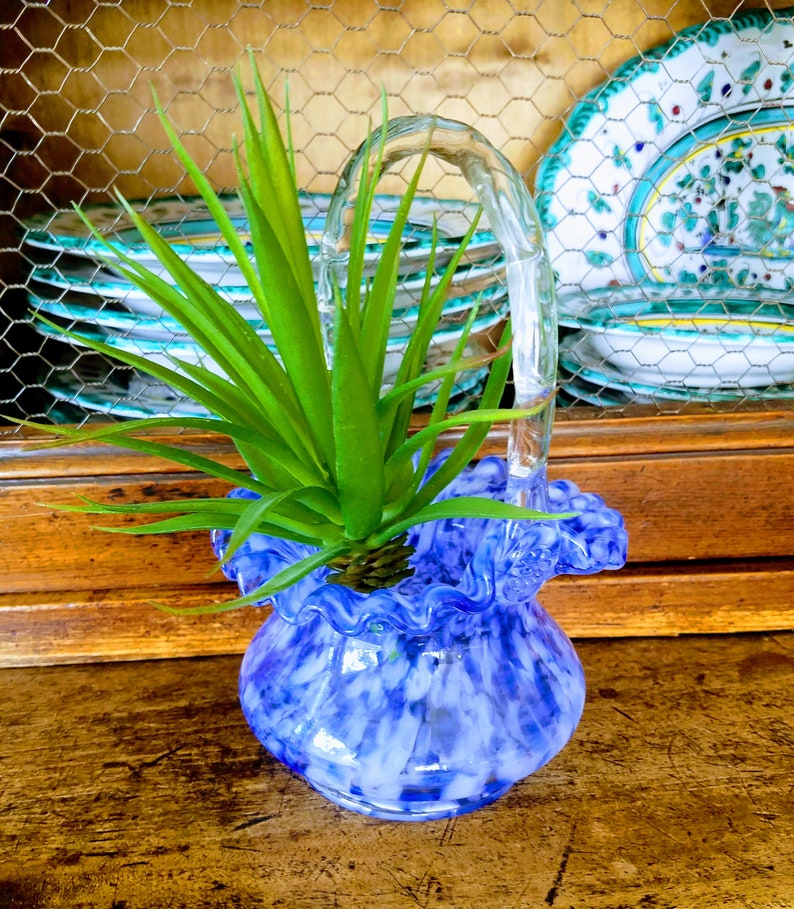 Blue Glass Vase with HandleBlue & White Flower Vase, Candy DishVintage Basket-style VaseSucculent PlanterJewelsandMetals image 2