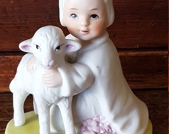 Vintage HOMCO Porcelain Figurine: Girl with Lamb, Bisque Finish