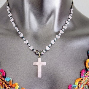Hand Beaded Rose Quartz Heart & Cross Necklace, Liquid Silver Beads image 1