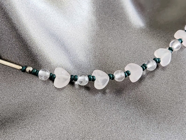 Hand Beaded Rose Quartz Heart & Cross Necklace, Liquid Silver Beads image 7