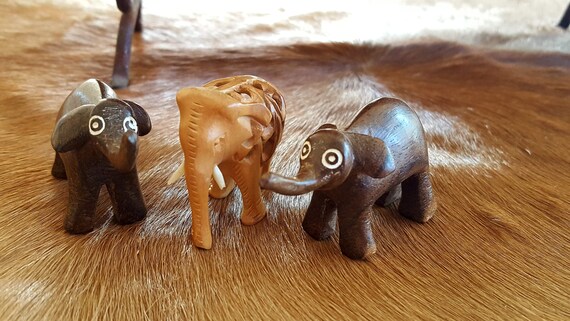 3 Vintage Carved Wood Elephant Figurines: Collectible Animal Sculpture