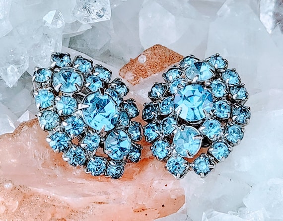 Retro Rhinestone Clip-on Earrings~Bright Blue Rhi… - image 1