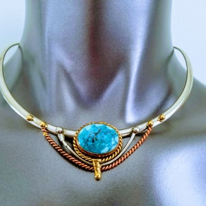 Vintage Turquoise & Mixed Metals Necklace~Silvered White Brass Copper Yellow Brass Omega Style Choker~JewelsandMetals