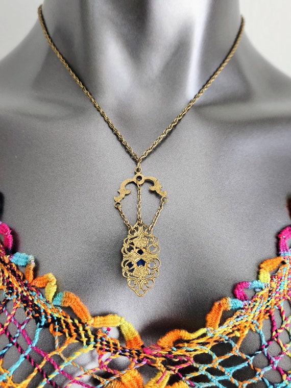 Brass Filigree & Blue Glass Necklace~Lariat Neckl… - image 4