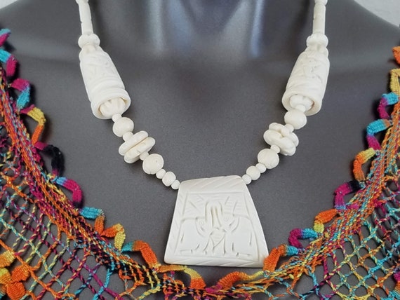 African Beaded Necklace in Bone~Hand Carved Bone … - image 3