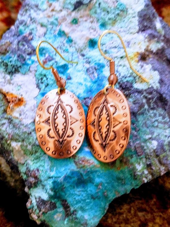 Navajo Indian Jewelry Handmade Stamped Copper Hoop Earrings!